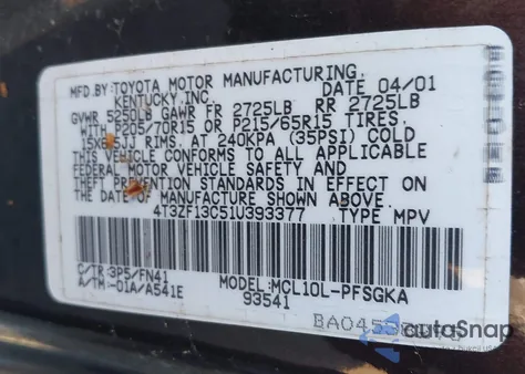 2001 Toyota Sienna Le z USA, uszkodzony, nr VIN 4T3ZF13C51U393377